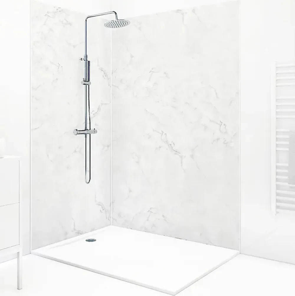 99Deco Lot de 2 panneaux de douche en aluminium (90x220 & 120x220 cm) + profilés blanc - Effet Marbre clair