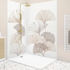 Panneau Mural De Salle De Bains|99Deco Lot de 2 panneaux de douche en aluminium (90x220 & 120x220 cm) + profilés blanc - Motif Floral - Gingko Blanc