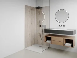 Panneau Mural De Salle De Bains|Vente-unique Lot de 2 panneaux muraux de douche effet bois clair en aluminium avec profilés - 2 x L90 x H210 cm- ENEKO