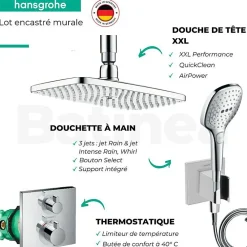 Colonne De Douche Encastrable|Hansgrohe Lot robinet douche encastré thermostatique Ecostat Square + Douche de tête Raindance E 240 fixation plafond