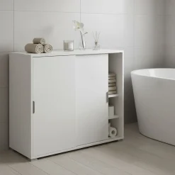 Armoire De Salle De Bains|The White Stone Meuble Bas 2 Portes Coulissantes Blanc