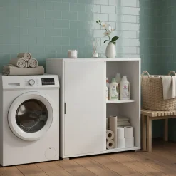 Armoire De Salle De Bains|The White Stone Meuble Bas 2 Portes Coulissantes Blanc