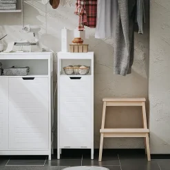 Sobuy Meuble Bas de Salle de Bain avec Corbeille à Linge, Armoire Toilette, BZR122-W,
