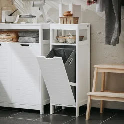 Sobuy Meuble Bas de Salle de Bain avec Corbeille à Linge, Armoire Toilette, BZR122-W,