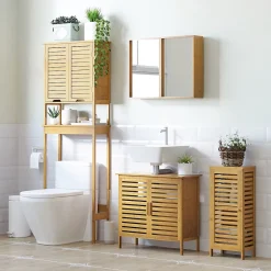 Armoire De Salle De Bains|kleankin Meuble bas de salle de bain une porte - étagère réglable - bois de bambou verni