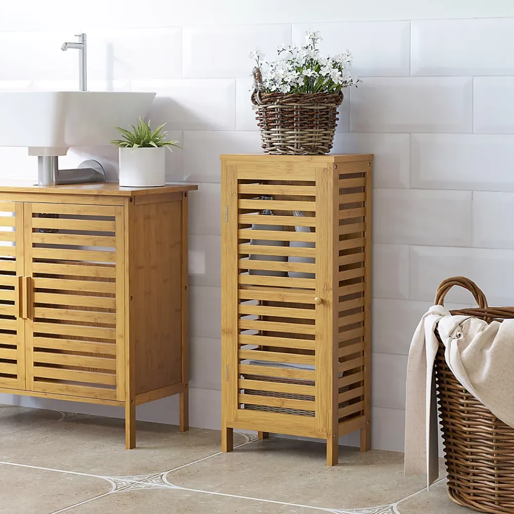 Armoire De Salle De Bains|kleankin Meuble bas de salle de bain une porte - étagère réglable - bois de bambou verni