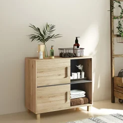 Armoire De Salle De Bains|Homcom Meuble bas de salle de bain style bohème - 2 portes, 2 niches - gris effet bois clair naturel