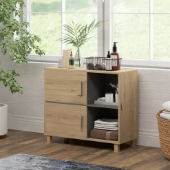 Armoire De Salle De Bains|Homcom Meuble bas de salle de bain style bohème - 2 portes, 2 niches - gris effet bois clair naturel