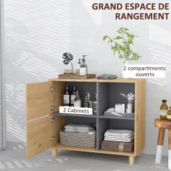 Armoire De Salle De Bains|Homcom Meuble bas de salle de bain style bohème - 2 portes, 2 niches - gris effet bois clair naturel