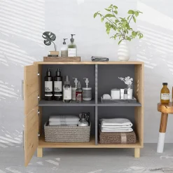 Armoire De Salle De Bains|Homcom Meuble bas de salle de bain style bohème - 2 portes, 2 niches - gris effet bois clair naturel