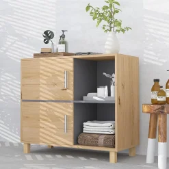 Armoire De Salle De Bains|Homcom Meuble bas de salle de bain style bohème - 2 portes, 2 niches - gris effet bois clair naturel