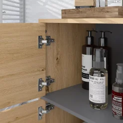 Armoire De Salle De Bains|Homcom Meuble bas de salle de bain style bohème - 2 portes, 2 niches - gris effet bois clair naturel
