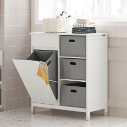 Armoire De Salle De Bains|Sobuy Meuble Bas de Salle de Bain avec 1 Tiroir, 1 Panier à Linge et 3 Panier, BZR77-W,