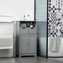 Armoire De Salle De Bains|kleankin Meuble bas de salle de bain multi-rangements grande niche 2 tiroirs placard double porte avec étagère MDF gris