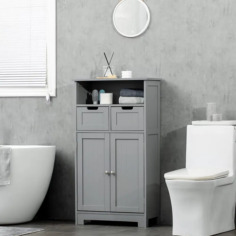 Armoire De Salle De Bains|kleankin Meuble bas de salle de bain multi-rangements grande niche 2 tiroirs placard double porte avec étagère MDF gris