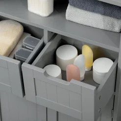 Armoire De Salle De Bains|kleankin Meuble bas de salle de bain multi-rangements grande niche 2 tiroirs placard double porte avec étagère MDF gris