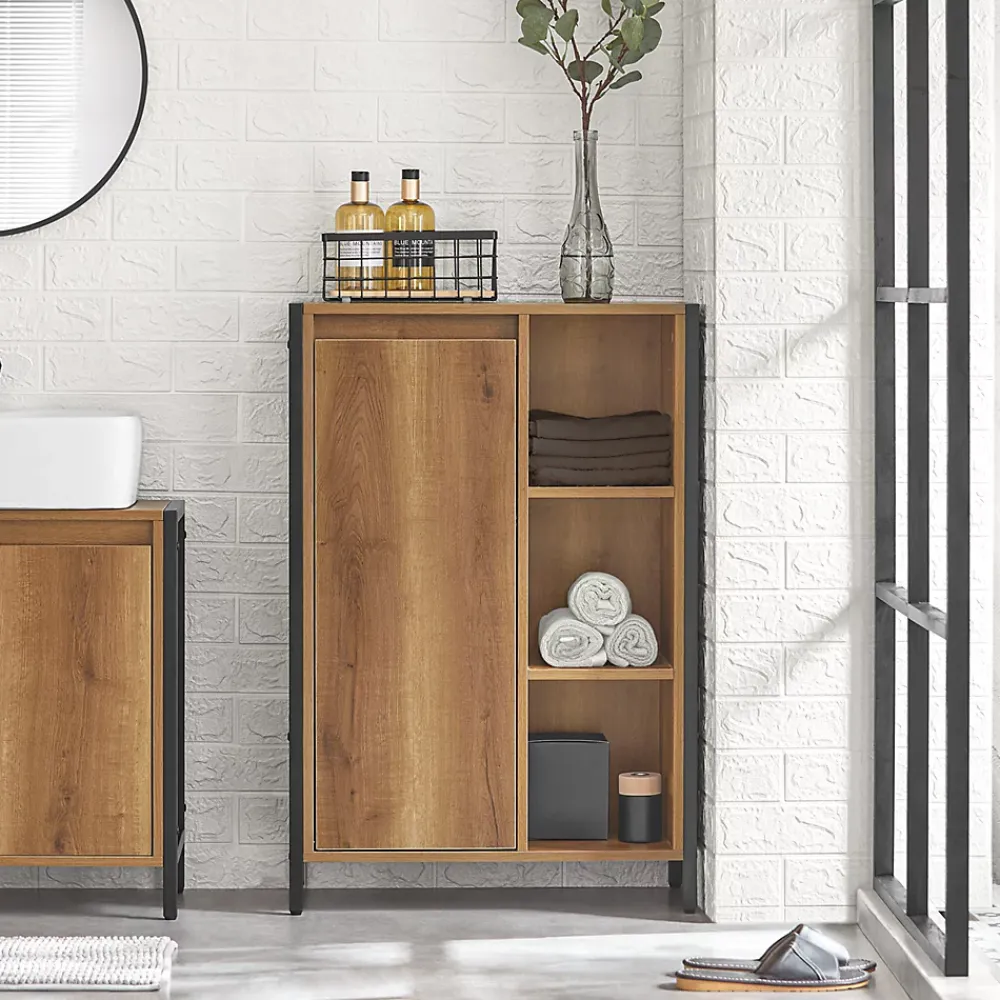 Sobuy Meuble Bas de Salle de Bain avec 3 Compartiments et 1 Panier à Linge, BZR65-PF,