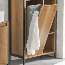Sobuy Meuble Bas de Salle de Bain avec 3 Compartiments et 1 Panier à Linge, BZR65-PF,