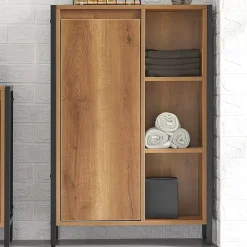 Sobuy Meuble Bas de Salle de Bain avec 3 Compartiments et 1 Panier à Linge, BZR65-PF,