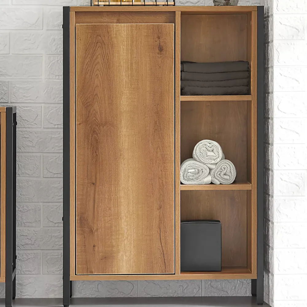 Sobuy Meuble Bas de Salle de Bain avec 3 Compartiments et 1 Panier à Linge, BZR65-PF,