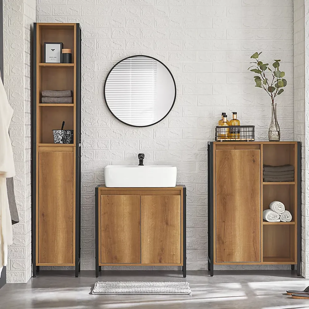 Sobuy Meuble Bas de Salle de Bain avec 3 Compartiments et 1 Panier à Linge, BZR65-PF,