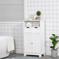 kleankin Meuble bas de salle de bain multi-rangements grande niche 2 tiroirs placard double porte avec étagère MDF blanc
