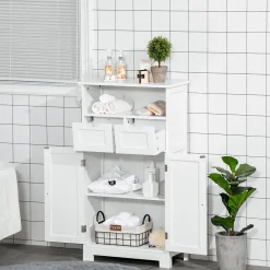 kleankin Meuble bas de salle de bain multi-rangements grande niche 2 tiroirs placard double porte avec étagère MDF blanc