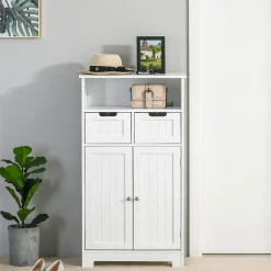 kleankin Meuble bas de salle de bain multi-rangements grande niche 2 tiroirs placard double porte avec étagère MDF blanc