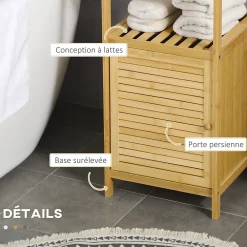 kleankin Meuble bas salle de bain rangement salle de bain 1 porte 2 étagères bois bambou verni