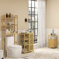 kleankin Meuble bas salle de bain rangement salle de bain 1 porte 2 étagères bois bambou verni