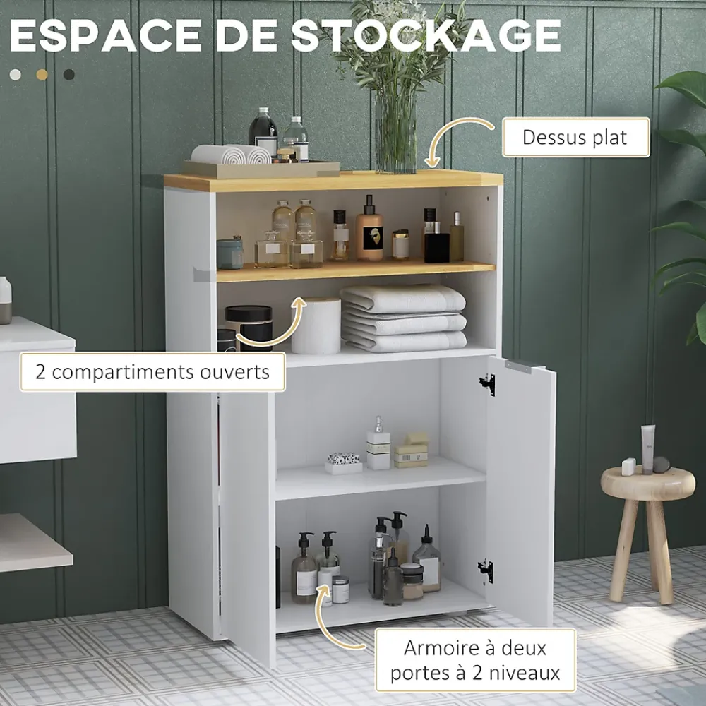 Armoire De Salle De Bains|kleankin Meuble bas salle de bain - 2 portes, étagère, 2 niches - dim. 60L x 30l x 102H cm - blanc bois clair