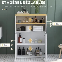 Armoire De Salle De Bains|kleankin Meuble bas salle de bain - 2 portes, étagère, 2 niches - dim. 60L x 30l x 102H cm - blanc bois clair