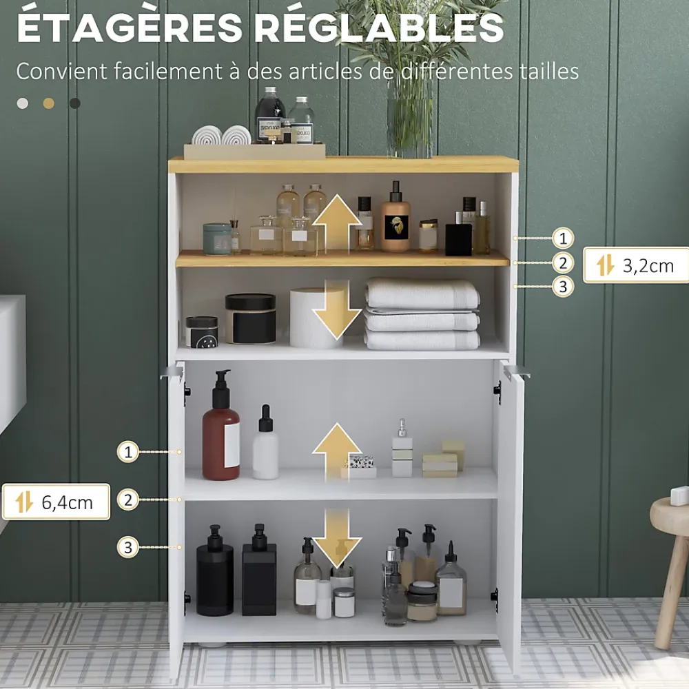 Armoire De Salle De Bains|kleankin Meuble bas salle de bain - 2 portes, étagère, 2 niches - dim. 60L x 30l x 102H cm - blanc bois clair