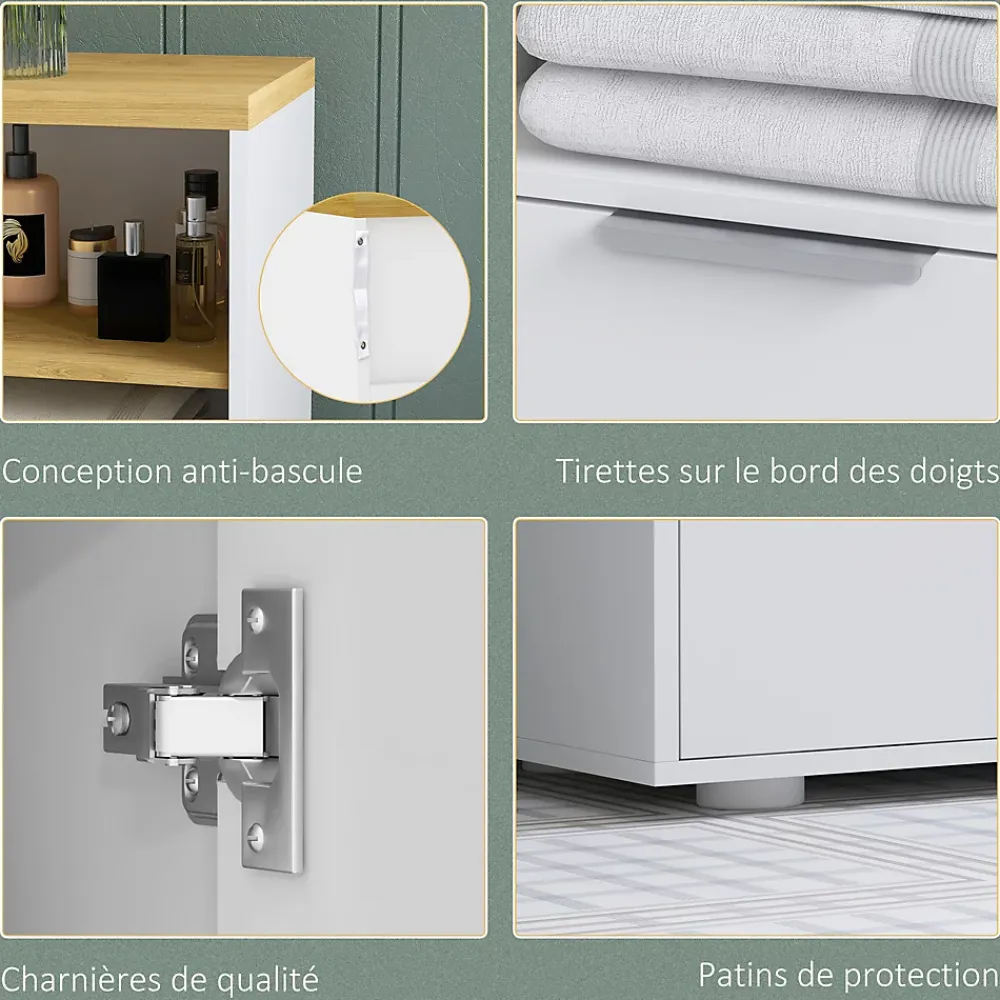 Armoire De Salle De Bains|kleankin Meuble bas salle de bain - 2 portes, étagère, 2 niches - dim. 60L x 30l x 102H cm - blanc bois clair