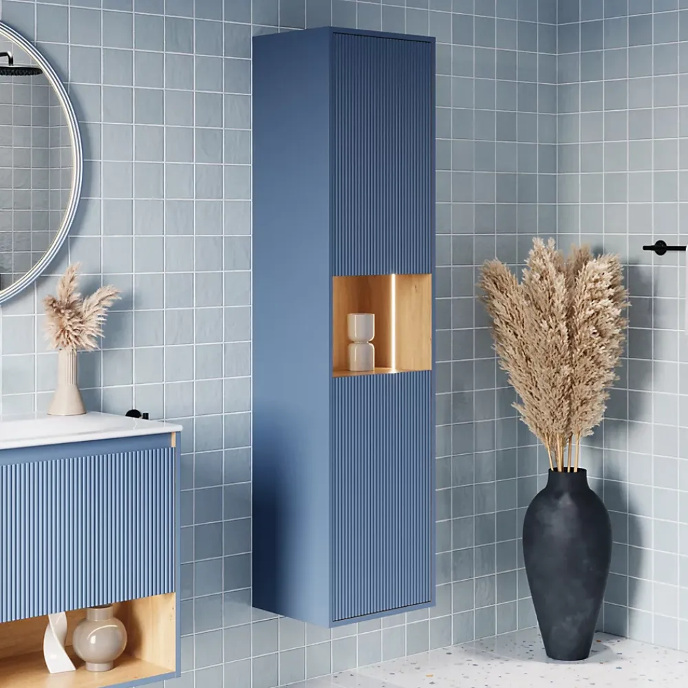 Bernstein Meuble Colonne Armoire suspendue Bleu azur mat MDF 42x170x35cm (LxHxP), Charnières flexibles gauche/droite - BELDIVO