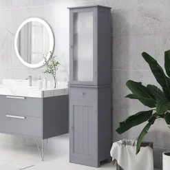 kleankin Meuble colonne de salle de bain placard porte acrylique 2 étagères placard porte 1 étagère tiroir MDF gris