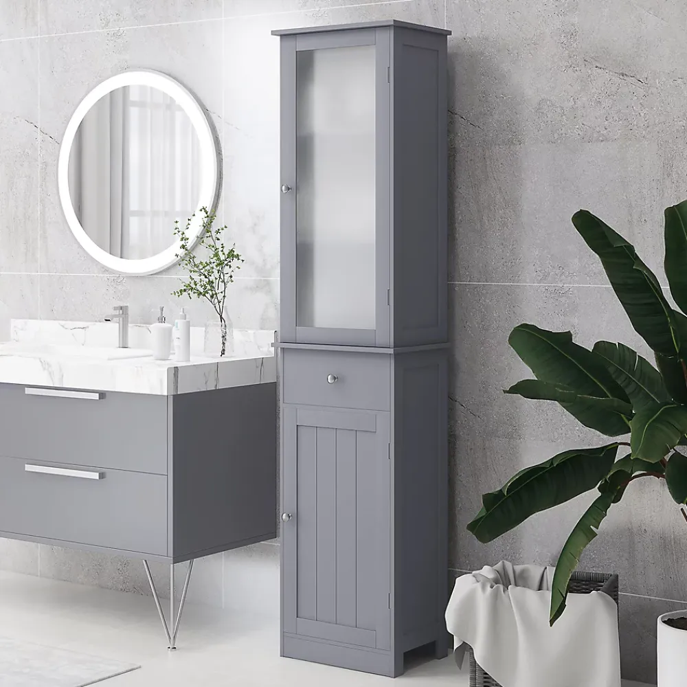 kleankin Meuble colonne de salle de bain placard porte acrylique 2 étagères placard porte 1 étagère tiroir MDF gris