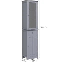 kleankin Meuble colonne de salle de bain placard porte acrylique 2 étagères placard porte 1 étagère tiroir MDF gris