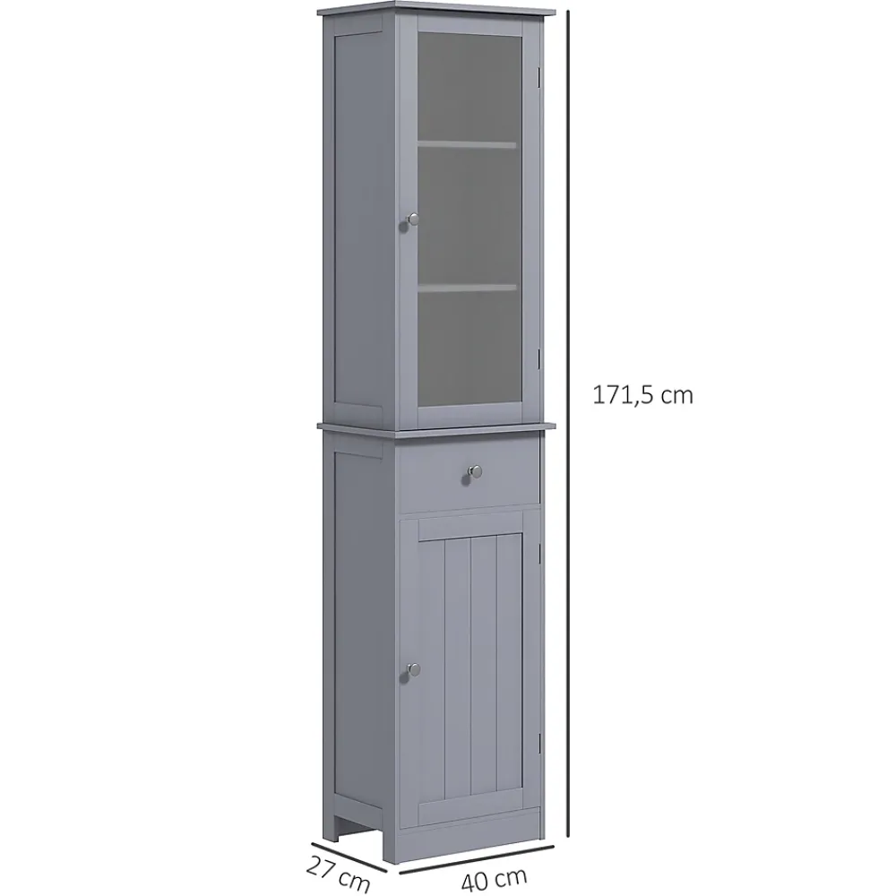 kleankin Meuble colonne de salle de bain placard porte acrylique 2 étagères placard porte 1 étagère tiroir MDF gris