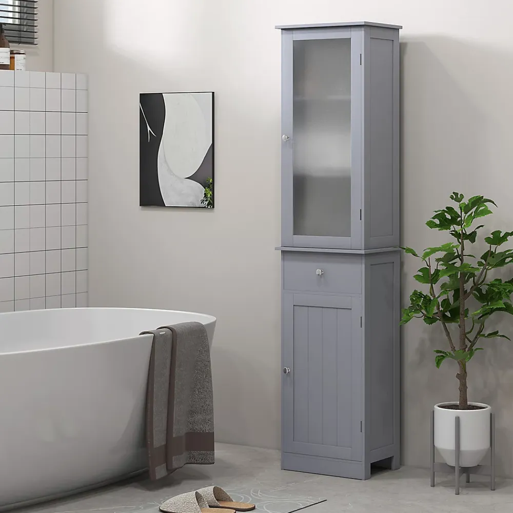 kleankin Meuble colonne de salle de bain placard porte acrylique 2 étagères placard porte 1 étagère tiroir MDF gris