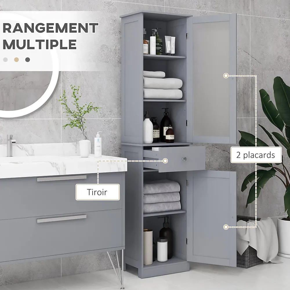 kleankin Meuble colonne de salle de bain placard porte acrylique 2 étagères placard porte 1 étagère tiroir MDF gris