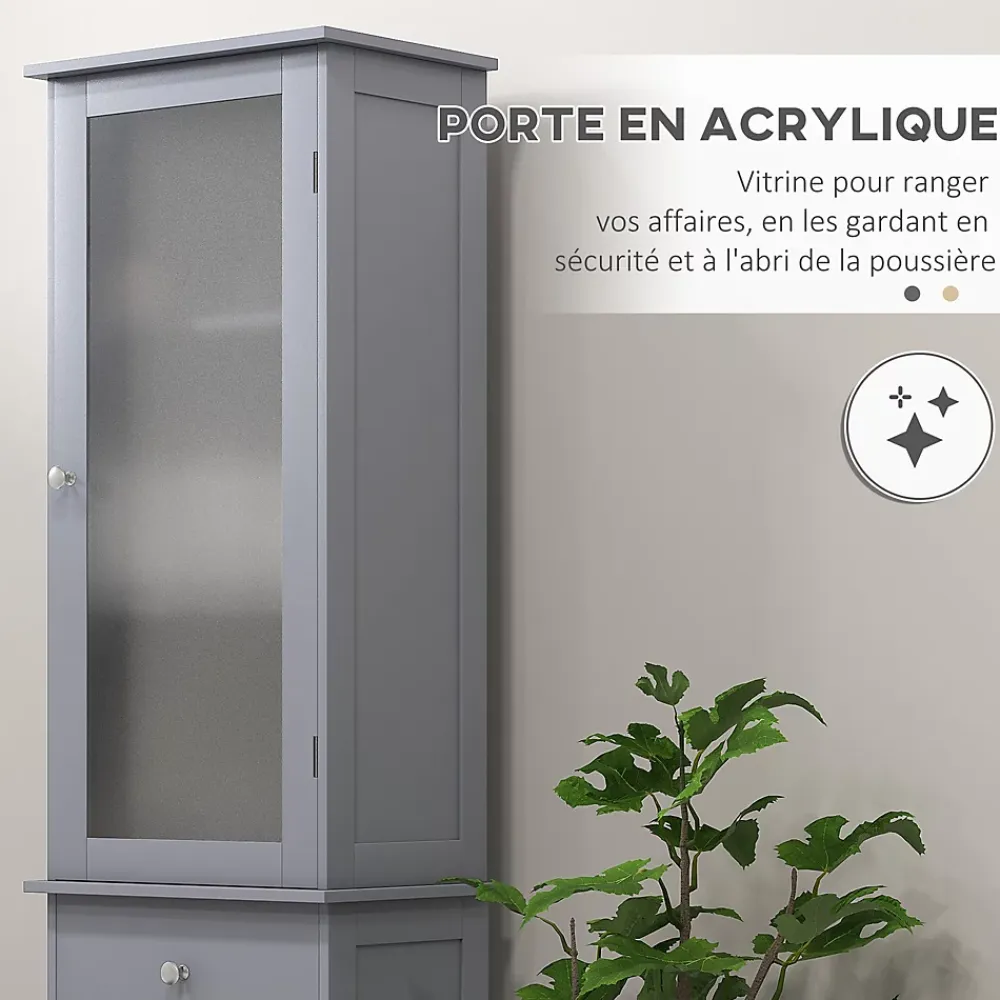 kleankin Meuble colonne de salle de bain placard porte acrylique 2 étagères placard porte 1 étagère tiroir MDF gris