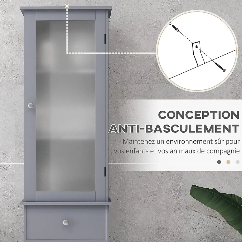 kleankin Meuble colonne de salle de bain placard porte acrylique 2 étagères placard porte 1 étagère tiroir MDF gris