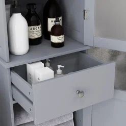 kleankin Meuble colonne de salle de bain placard porte acrylique 2 étagères placard porte 1 étagère tiroir MDF gris