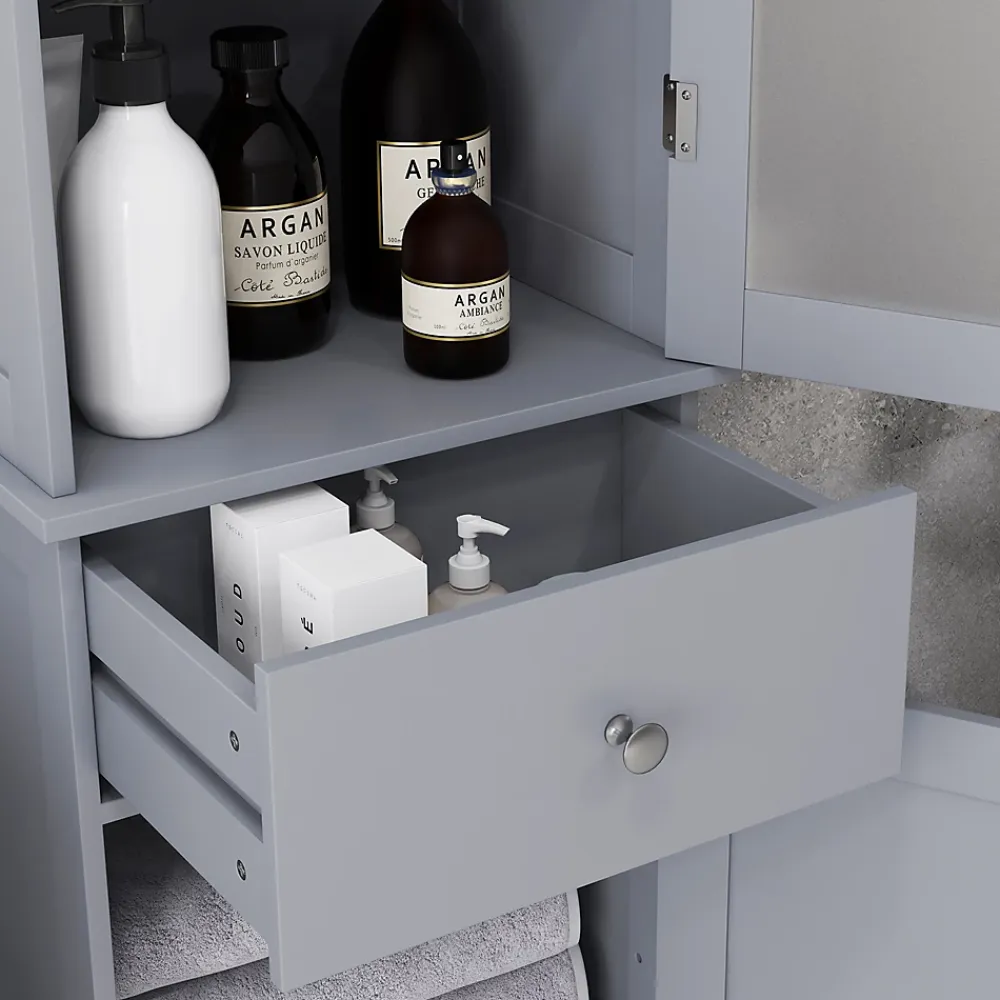 kleankin Meuble colonne de salle de bain placard porte acrylique 2 étagères placard porte 1 étagère tiroir MDF gris