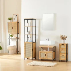 [En.Casa] Meuble colonne de salle de bain Tervola MDF bambou rotin 172 x 40 x 35 cm noir naturel en.casa