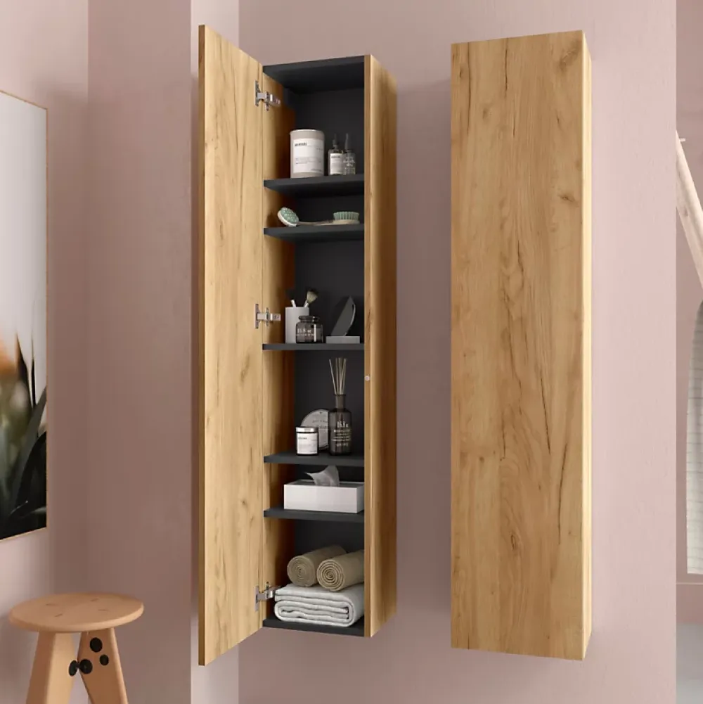 Planète Bain Meuble colonne de salle de bain H 140 cm effet chêne brut à suspendre - KARAIB
