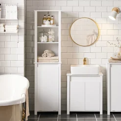 Sobuy Meuble Colonne de Salle de Bain, 3 étagères, 1 Panier à Linge Amovible, BZR102-W,