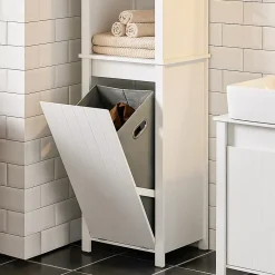 Sobuy Meuble Colonne de Salle de Bain, 3 étagères, 1 Panier à Linge Amovible, BZR102-W,