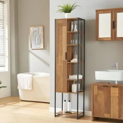 [En.Casa] Meuble colonne de salle de bain Namsskogan 165 x 43 x 30 cm effet noyer noir en.casa
